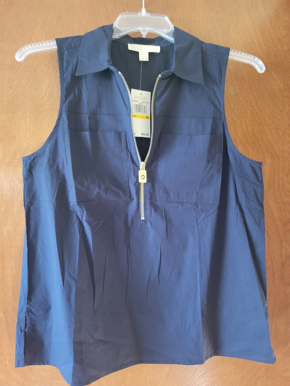NWT, Michael Kors Navy Sleeveless Poplin Top with Gold Zip